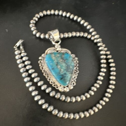 Navajo Kingman Turquoise Pendant Necklace | Sterling Silver Pearls | Authentic Native American Handmade | 15220 - Masha USA