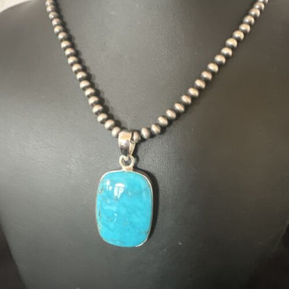 Navajo Blue Kingman Turquoise Pendant Necklace | Sterling Silver | 20" | Authentic Native American Handmade | 16695