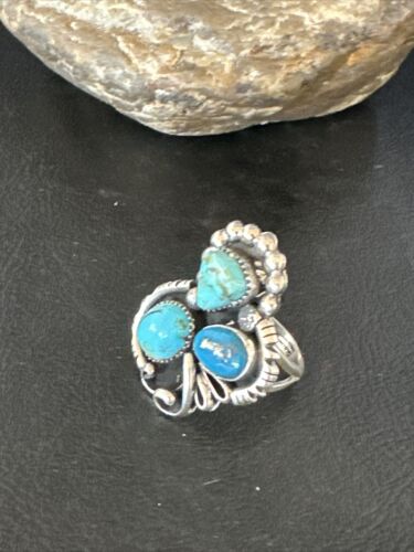 Navajo Blue Turquoise Cluster Ring | Authentic Native American Sterling Silver | Multi-Stone | Sz 8.5 | 14837