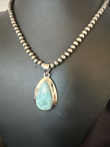 Navajo Blue Larimar Pendant Necklace | Sterling Silver Beads | Authentic Native American Handmade | 17568
