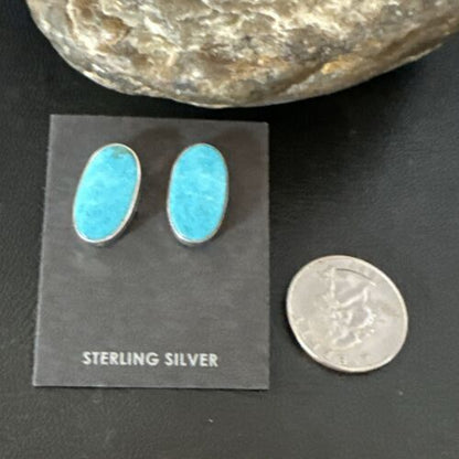 Navajo Blue Kingman Turquoise Post Stud Earrings | Sterling Silver | Authentic Native American Handmade | 17411