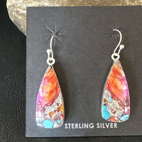 Navajo Red Spiny Oyster Turquoise Inlay Dangle Earrings | Sterling Silver | Authentic Native American Handmade | 15559