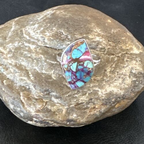 Navajo Blue Turquoise Purple Spiny Oyster Ring | Sterling Silver | Sz 8 | Authentic Native American Handmade | 16625