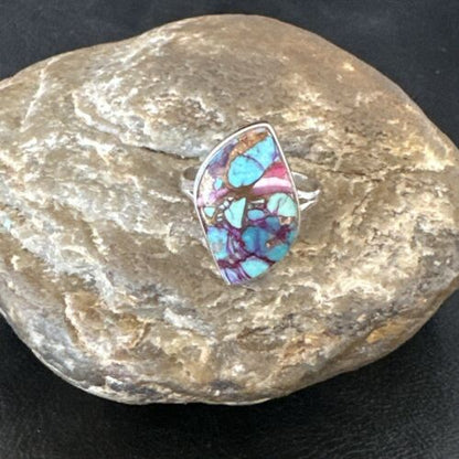 Navajo Blue Turquoise Purple Spiny Oyster Ring | Sterling Silver | Sz 8 | Authentic Native American Handmade | 16625