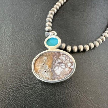 Navajo Wild Horse | Blue Kingman Turquoise Necklace | Sterling Silver | Authentic Native American Handmade | 17339