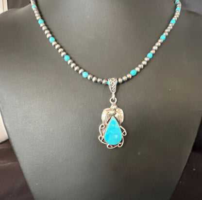 Navajo Pearls Kingman Turquoise Pendant Necklace | Sterling Silver | Authentic Native American Handmade | 14893