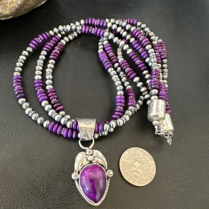 Navajo Sugilite Bead Necklace Set | 3 Strands | Sterling Silver | 21" | Authentic Native American Handmade | 16792