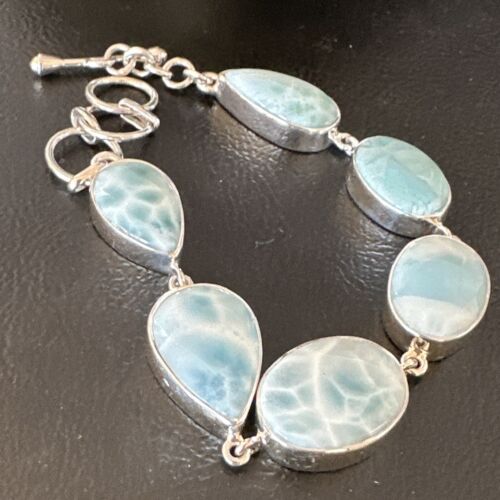 Navajo Blue Larimar Link Bracelet | Sterling Silver | 8" | Authentic Native American Handmade | 16074