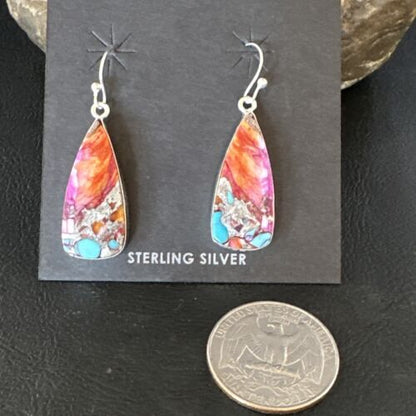 Navajo Red Spiny Oyster Turquoise Inlay Dangle Earrings | Sterling Silver | Authentic Native American Handmade | 15559