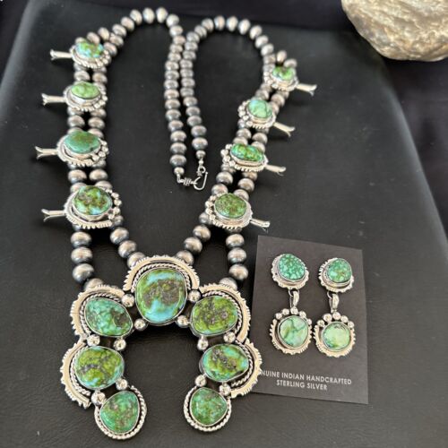 Navajo Ultra Rare Green Sonoran Gold Turquoise Squash Blossom Necklace Set | Sterling Silver | 17208