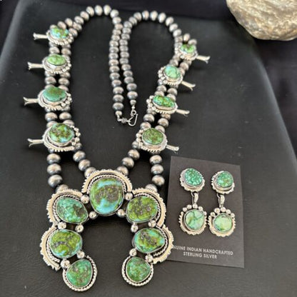 Navajo Ultra Rare Green Sonoran Gold Turquoise Squash Blossom Necklace Set | Sterling Silver | 17208