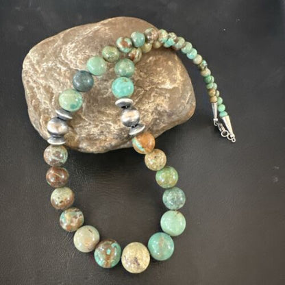 Navajo Green Turquoise Bead Necklace | Sterling Silver | Graduated | Authentic Native American | 18" | 17402