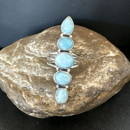 Navajo Blue Larimar Multi-Stone Cluster Ring | Authentic Native American Sterling Silver | Multi-Stone | Sz 7.5 | 17557
