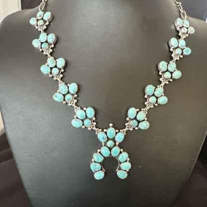 Navajo Blue Kingman Turquoise Squash Blossom Necklace | Sterling Silver | 16828