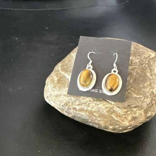 Southwestern Navajo Coffee Tigers Eye Dangle Earrings | Sterling Silver | Authentic Native American Handmade | 16965