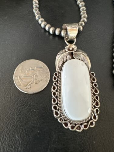 Navajo Pearls White Buffalo Turquoise Necklace Pendant | Sterling Silver | Authentic Native American Handmade | 15707