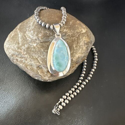 Navajo Blue Larimar Pendant Necklace | Sterling Silver Beads | Authentic Native American Handmade | 16485