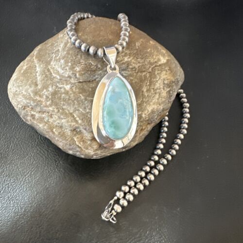 Navajo Blue Larimar Pendant Necklace | Sterling Silver Beads | Authentic Native American Handmade | 16485