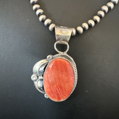 Navajo Red Spiny Oyster Pendant Necklace | Sterling Silver | Authentic Native American Handmade | 15633