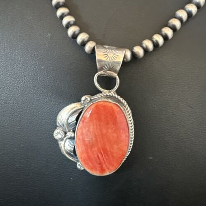 Navajo Red Spiny Oyster Pendant Necklace | Sterling Silver | Authentic Native American Handmade | 15633