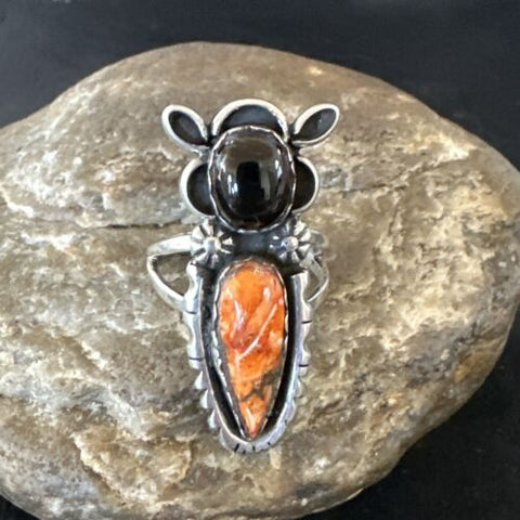 Cat Spiny Oyster Onyx Native American Navajo Sterling Silver Ring Size 9 16656
