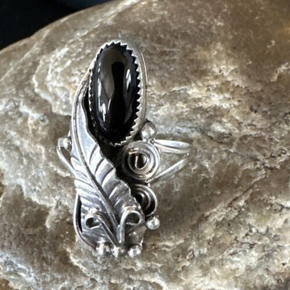 Navajo Black Onyx Ring | Sterling Silver | Sz 7.5 | Authentic Native American Handmade | 15406