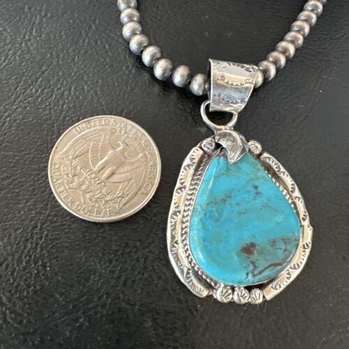 Men's Blue Kingman Turquoise Pendant Necklace | Navajo Pearls | Sterling Silver | 16021