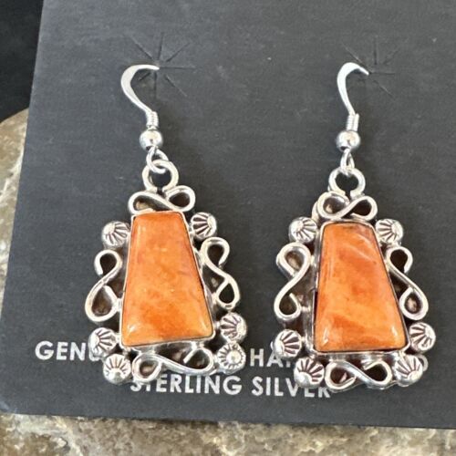 Navajo Orange Spiny Oyster Dangle Earrings | Sterling Silver | Authentic Native American Handmade | 17266