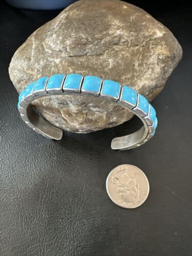 Navajo Sleeping Beauty Kingman Turquoise Cuff Bracelet | Sterling Silver | Authentic Native American Handmade | 16898