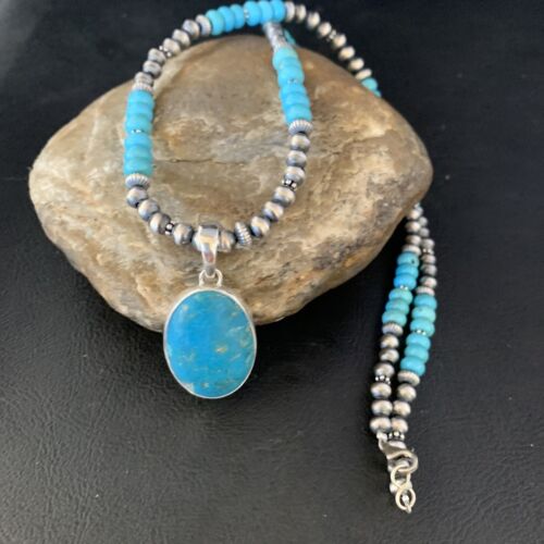 Navajo Blue Turquoise Pendant Necklace | Sterling Silver | Authentic Native American Handmade | 13867