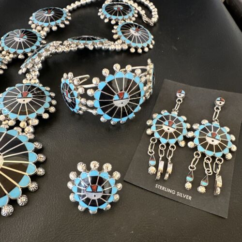 Zuni Ultra Rare Sunface Onyx Turquoise Inlay Squash Blossom Necklace Bracelet | Sterling Silver | 16679