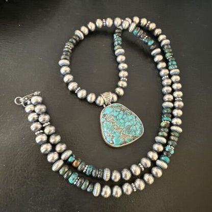 Men's Navajo Blue Spiderweb Turquoise Pendant Necklace | Sterling Silver | Authentic Native American Handmade | 16241