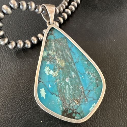 Men's Navajo Blue Spiderweb Turquoise Pendant Necklace | Sterling Silver | Authentic Native American Handmade | 16207