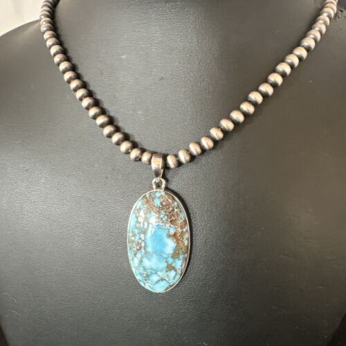 Navajo Blue Spiderweb Turquoise Pendant Necklace | Sterling Silver | Authentic Native American Handmade | 17016