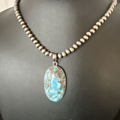 Navajo Blue Spiderweb Turquoise Pendant Necklace | Sterling Silver | Authentic Native American Handmade | 17016