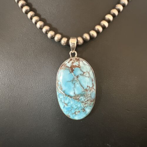 Navajo Blue Spiderweb Turquoise Pendant Necklace | Sterling Silver | Authentic Native American Handmade | 17020