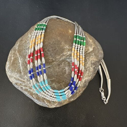 Multicolor Lapis Coral Heishi Liquid Sterling Silver Necklace | 5 Strand | 20" | 15886