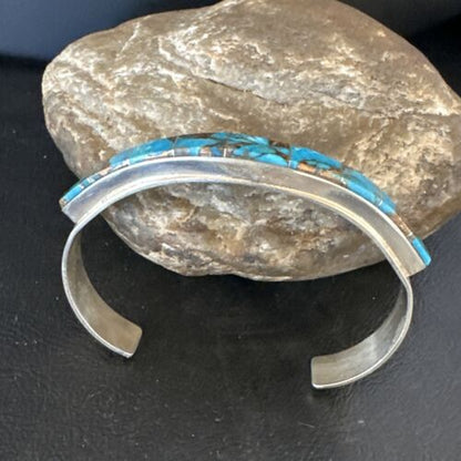 Navajo Men's Blue Mojave Turquoise Inlay Bracelet | Sterling Silver | Authentic Native American Handmade | 15065 - Masha USA