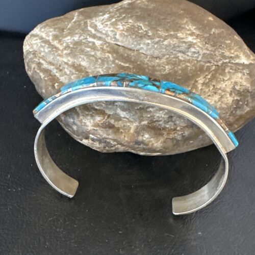 Navajo Men's Blue Mojave Turquoise Inlay Bracelet | Sterling Silver | Authentic Native American Handmade | 15064