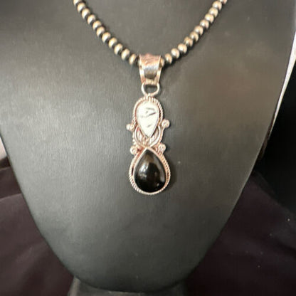 Women's White Buffalo Turquoise Onyx Necklace Pendant | Sterling Silver | Multi-Stone | 15314