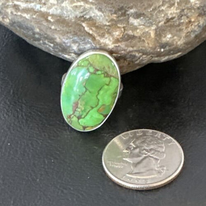 Navajo Green Mojave Turquoise Ring | Sterling Silver | Sz 8 Adjustable | Authentic Native American Handmade | 16146
