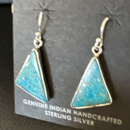 Navajo Blue Turquoise Dangle Earrings | Sterling Silver | 1" | Authentic Native American Handmade | 15801