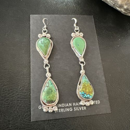 Navajo Green Royston Turquoise Dangle Earrings | Sterling Silver | Authentic Native American Handmade | 17141