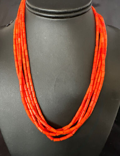 Orange Coral Tube Heishi Bead Necklace | 5 Strand Navajo Sterling Silver | 18" | 15280