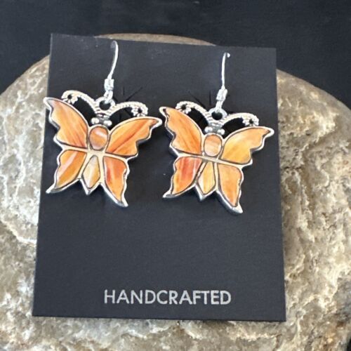 Navajo Butterfly Orange Spiny Oyster Inlay Earrings | Sterling Silver | Authentic Native American Handmade | 16523