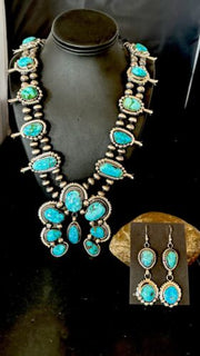 Navajo Ultra Rare Sonoran Mountain Blue Turquoise Squash Blossom Necklace Set | Sterling Silver | 17209