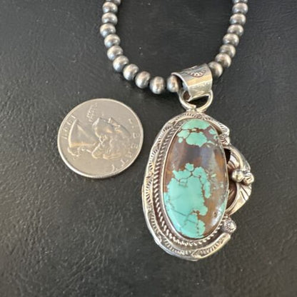 Navajo Blue Turquoise #8 Pendant | Sterling Silver Pearls Necklace | Authentic Native American Handmade | 15502