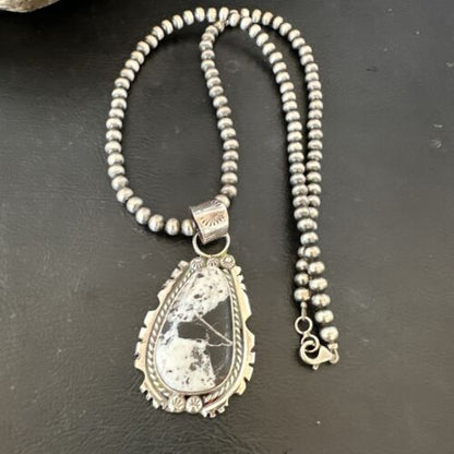 White Buffalo Turquoise Pendant | Navajo Pearls Sterling Silver Necklace | Authentic Native American Handmade | 17109