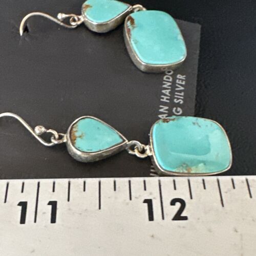 Navajo Blue Kingman Turquoise Dangle Earrings | Sterling Silver | Authentic Native American Handmade | 15116