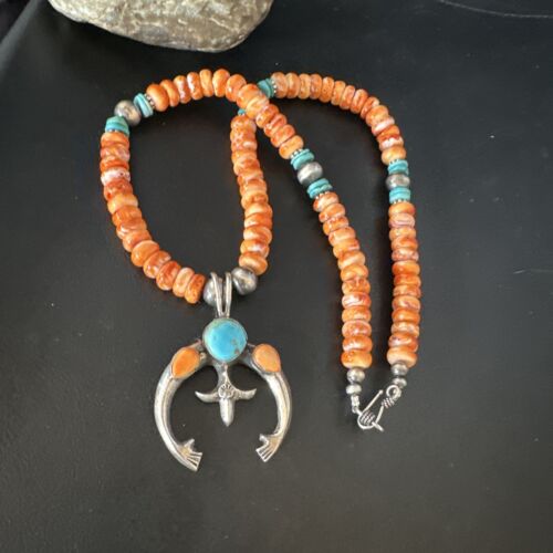 Navajo Blue Turquoise Spiny Naja Pendant Necklace | Sterling Silver | 23" | Authentic Native American Handmade | 14931